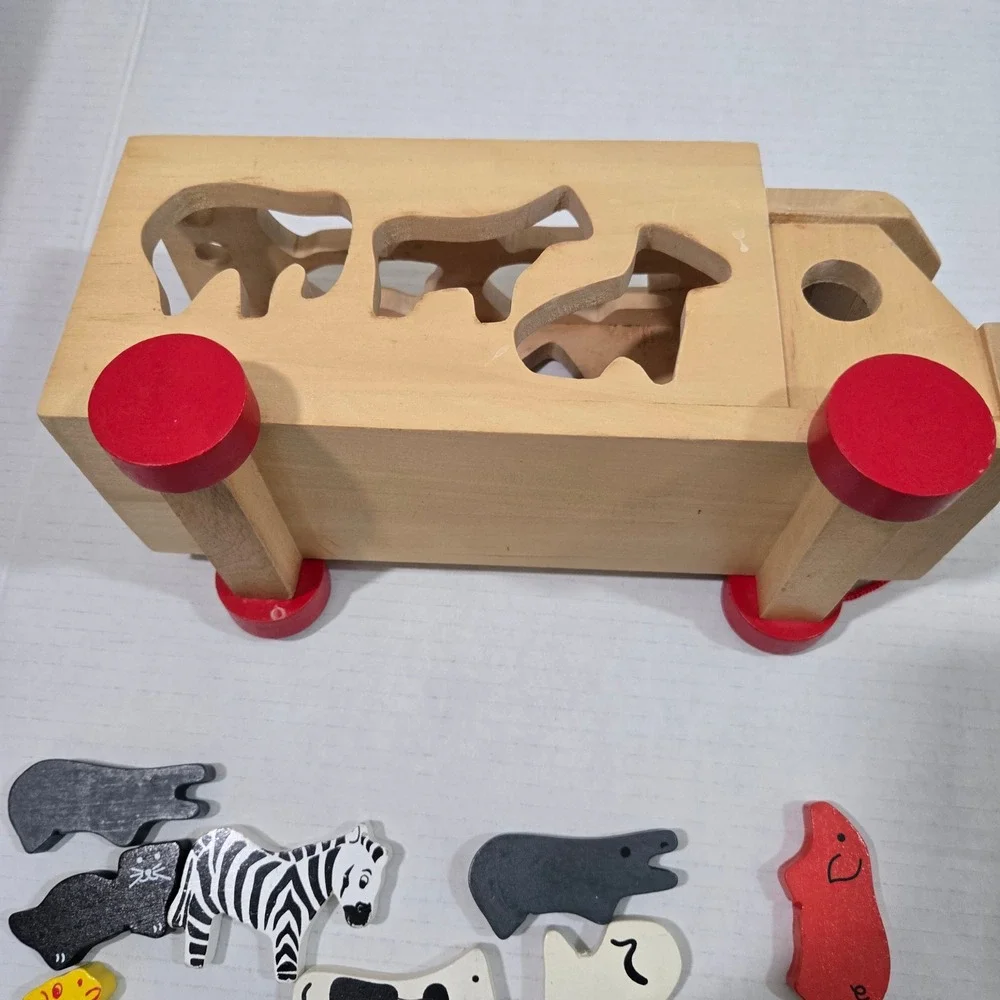 Vintage Wooden Noahs Ark Zoo Animal Shape Sorter Pull Truck Toy 12 Animals